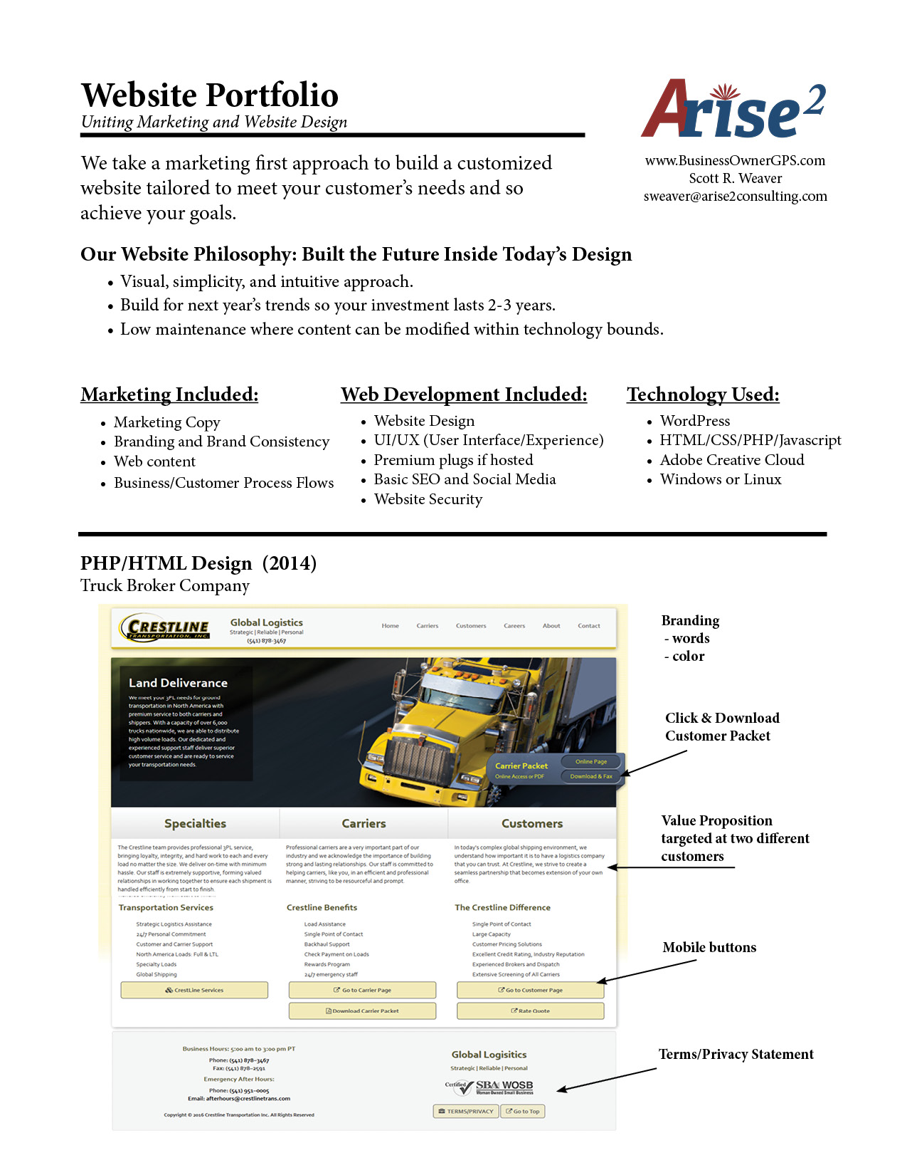 Thumbnail of Arise2 website portfolio's first page: text and a website for a truck broker with yellow truck.